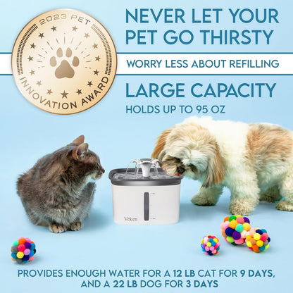 Innovation Award Winner 95Oz/2.8L Pet Fountain, Automatic Cat Water Fountain Dog Water Dispenser with Replacement Filters for Cats, Dogs, Multiple Pets (Grey, Plastic)