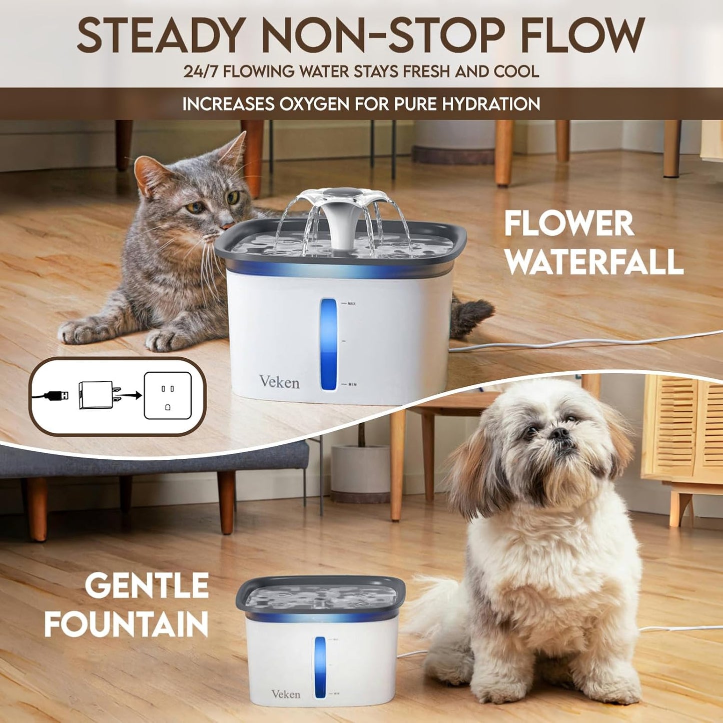 Innovation Award Winner 95Oz/2.8L Pet Fountain, Automatic Cat Water Fountain Dog Water Dispenser with Replacement Filters for Cats, Dogs, Multiple Pets (Grey, Plastic)
