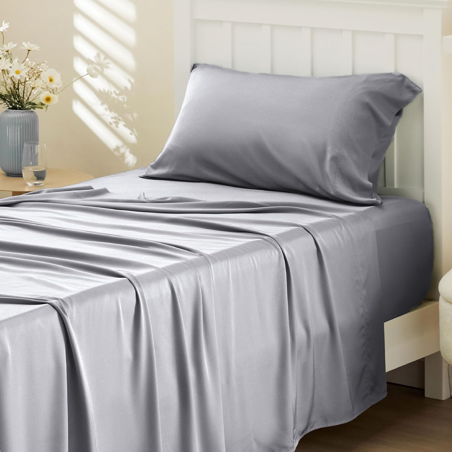 Gentlesoft Queen Sheet Set, Cooling Sheets for Queen Size Bed Set, Rayon Derived from Bamboo, Breathable & Soft, Deep Pocket up to 16", Hotel Luxury Silky Bedding for Hot Sleepers, Dark Grey