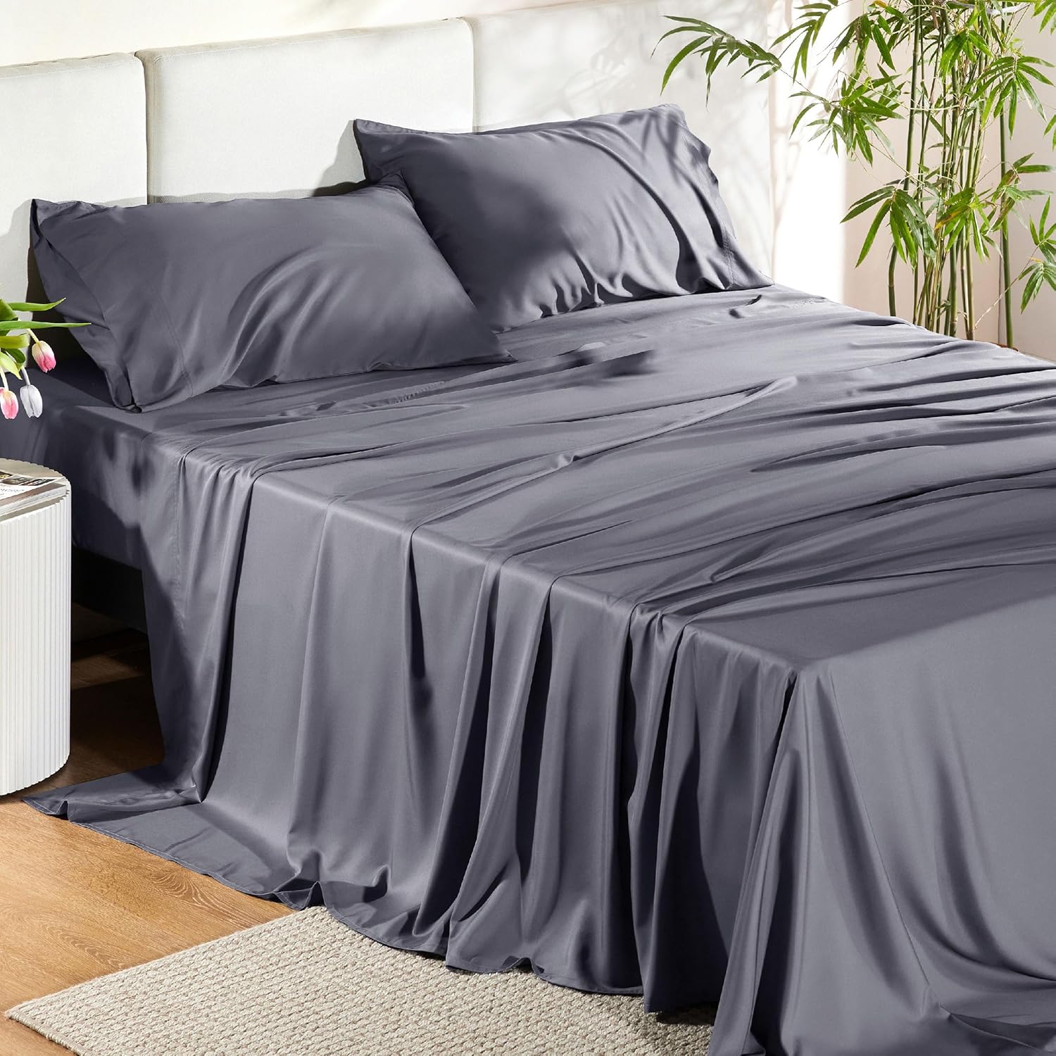 Gentlesoft Queen Sheet Set, Cooling Sheets for Queen Size Bed Set, Rayon Derived from Bamboo, Breathable & Soft, Deep Pocket up to 16", Hotel Luxury Silky Bedding for Hot Sleepers, Dark Grey